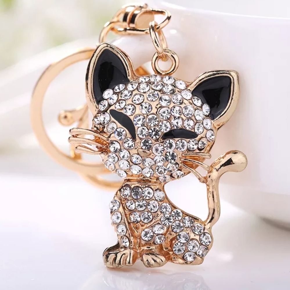 Rhinestone Gold Tone Cat Kitten Accessory Key Chain Bag Charm